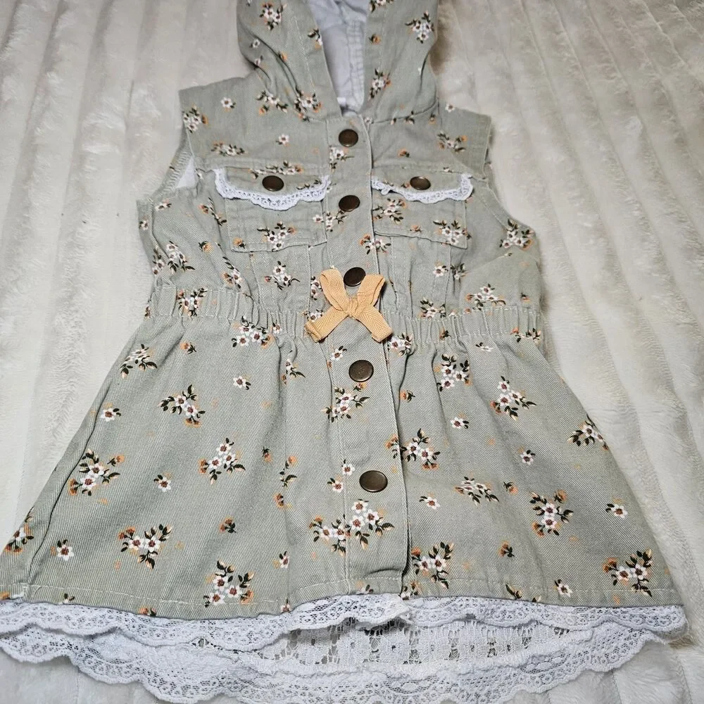 Little Lass Denim Pale Green Floral Hooded Vest Lace 4T